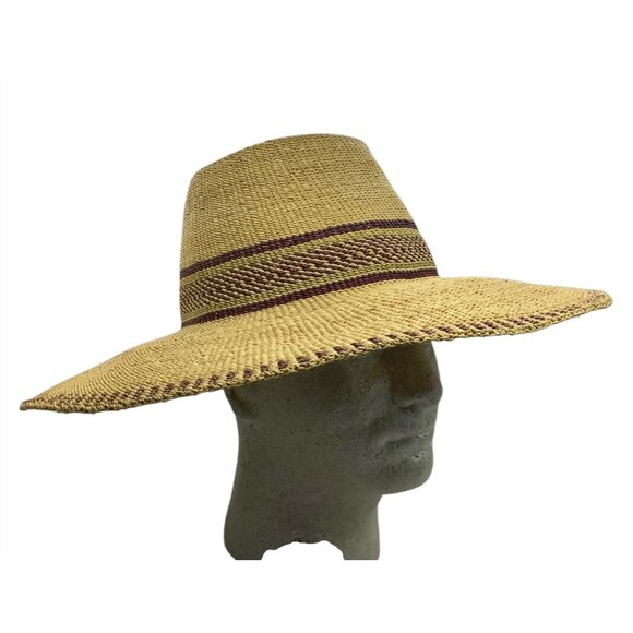 Handmade Accessories - South American Handmade Wide-Brimmed Straw Sun Hat Burgundy Accents Finely Woven